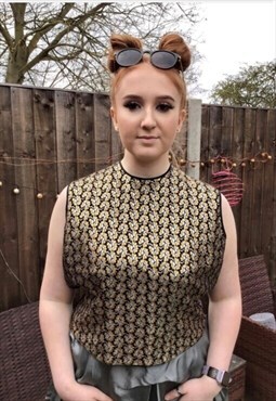 Vintage 60s mod gold floral crop fitted blouse 