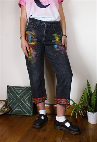 REWORKED RED SARI TRIM MOM JEANS