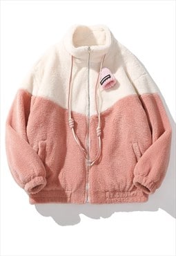 Contrast stitch fleece jacket fluffy sports bomber in pink
