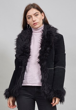VINTAGE 90'S BLACK SUEDE/ FAUX SHEEPSKIN JACKET