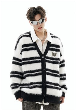 Striped cardigan fluffy jumper soft geometric pullover black