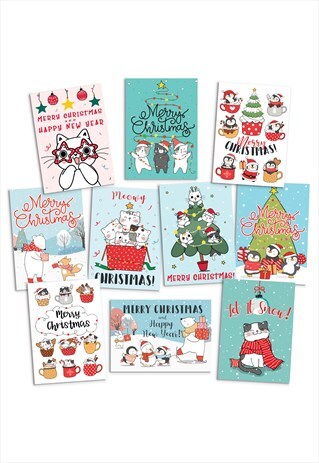 CHRISTMAS XMAS KAWAII CUTE GREETING CARDS SET PACK OF 10