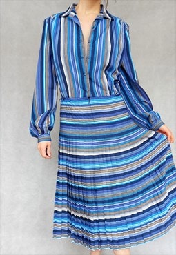 Vintage 1980s Striped Blue and Beige Pleated Gown, Medium