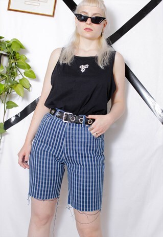 90S GRUNGE Y2K HIGH WAIST DENIM BLUE CHECKED MID SHORTS