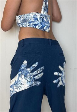 Blue wide leg trousers embellished with China Print Fabric