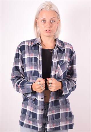 WOMENS VINTAGE FLANNEL SHIRT XL BLUE CHECK 90S
