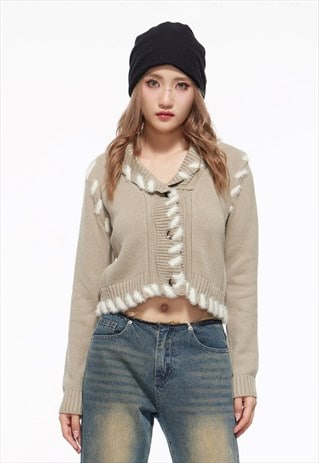 KNITTED CROP CARDIGAN FLUFFY TOP DISTRESSED COLLARED JUMPER