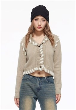 Knitted crop cardigan fluffy top distressed collared jumper