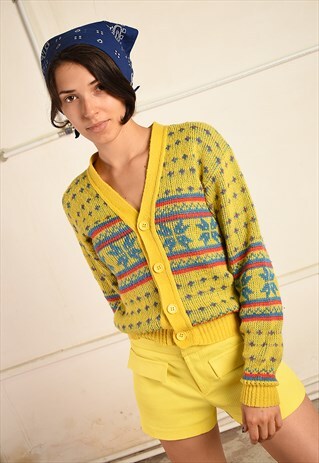 VINTAGE 70S FAIR ISLE KNIT PETITE CARDIGAN