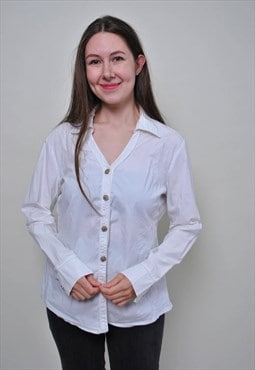 Vintage white blouse, 00s gold buttons secretary shirt - L