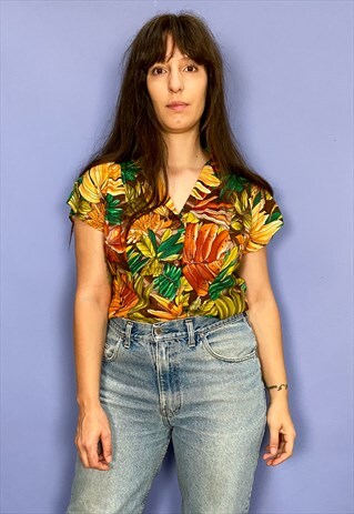 VINTAGE 90'S TROPICAL LEAF PRINT CROPPED SHIRT - S/M