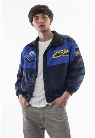 VINTAGE SUZUKI RACING KENNY SATIN COAT 90S BLUE BLACK