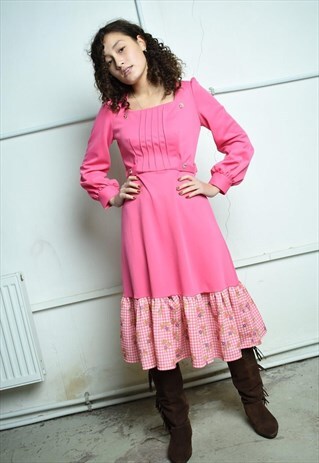 VINTAGE 70'S RETRO PUFF-SLEEVED BOHO MAXI FLORAL DRESS PINK