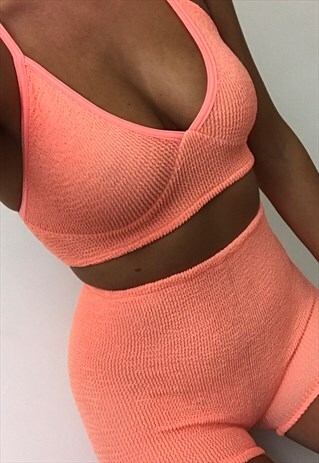 BOHO ROSE CRINKLE BRALET & SHORTS CO-ORD IN NEON PEACH