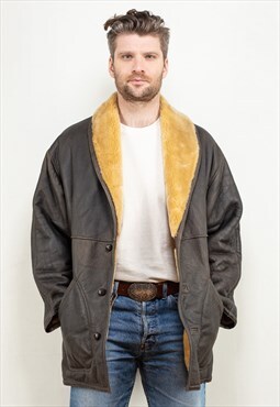 Vintage 70's Men Sheepskin Leather Coat in Dark Brown