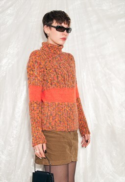 Vintage Knitted Jumper 90s Handmade Ugly Sweater in Orange