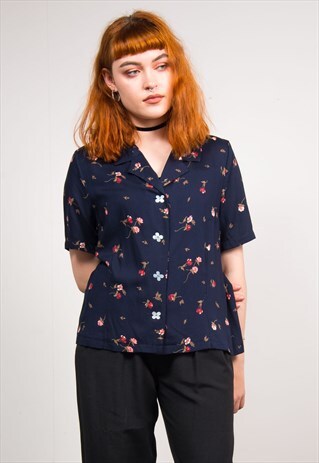 VINTAGE 90'S NAVY BLUE FLORAL PATTERN SHIRT BLOUSE