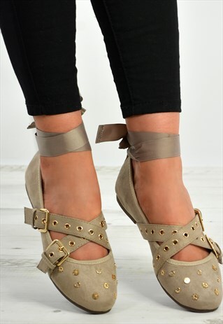 BEIGE KHAKI ANKLE WRAP FLAT BALLERINA SHOES SIZES UK