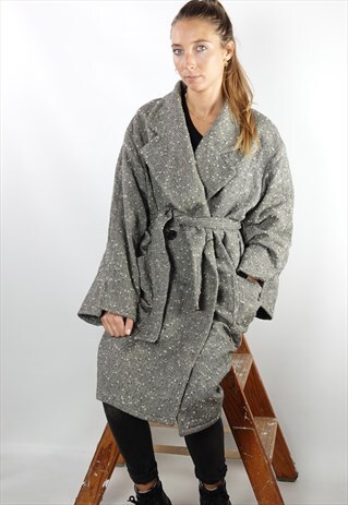 VINTAGE STUDIO FERRE COAT WOOL GREY BELT WOMEN