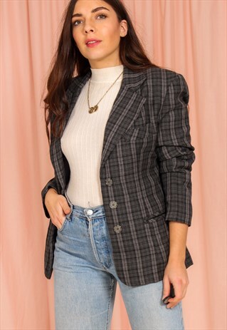 VINTAGE 80S BLAZER JACKET IN GREY CHECK PATTERN