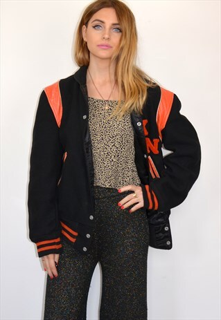 VINTAGE 90S BLACK & ORANGE BASEBALL VARSITY BOMBER JACKET
