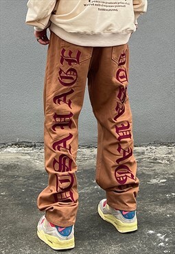 Khaki Letters Embroidered Denim jeans pants trousers Y2k