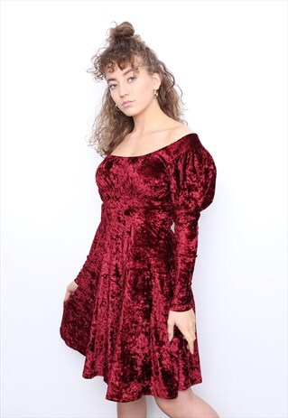 VINTAGE 80S RED CRUSHED VELVET PARTY DRESS