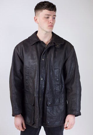 VINTAGE 90S ARMANI JEANS LEATHER LONG JACKET
