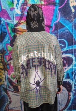 Tie-dye graffiti spider hooded shirt check pattern loose top