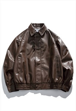 Faux leather aviator jacket brown PU college varsity bomber