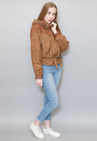 VINTAGE 1990'S BROWN HOODED BOMBER JACKET