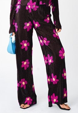 Plisse Solid Pleat Floral Print Wide Leg Culotte Trousers