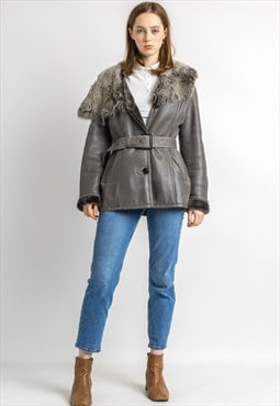 Women Sheepskin Coat 80s, Size M, Grey Winter Coat 5926