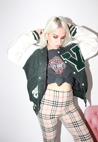 VINTAGE 80S DARK GREEN AND WHITE VARSITY JACKET