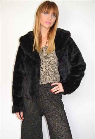 VINTAGE 90S BLACK FAUX FUR CROPPED JACKET