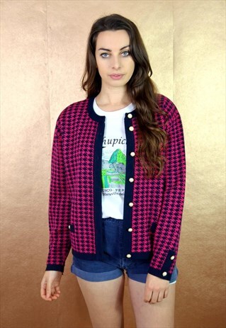 90S VINTAGE PINK & NAVY HOUNDSTOOTH ST MICHAEL CARDIGAN