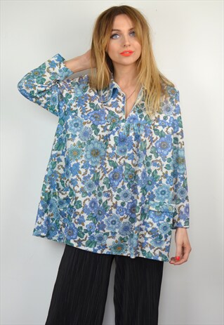 VINTAGE 70S BLUE & WHITE FLORAL PAISLEY BOHO TUNIC TOP