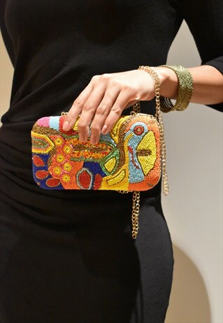 HANDMADE MULTICOLOURED BEADED CLUTCH PARTY CROSS BODY BAG