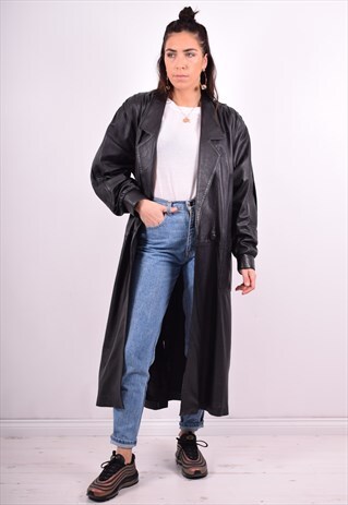 WOMENS VINTAGE LEATHER COAT LARGE BLACK 90'S