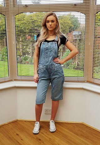 VINTAGE BLUE WASH DENIM SHORT DUNGAREES