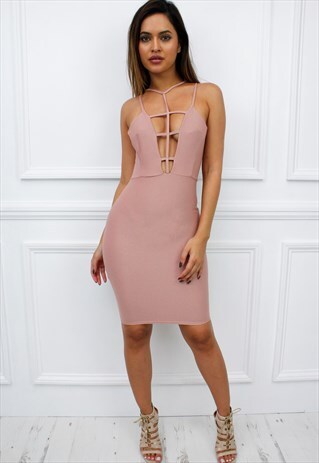 GLAMZAM LADIES NEW PINK CAGE CUT OUT MINI BODYCON DRESS