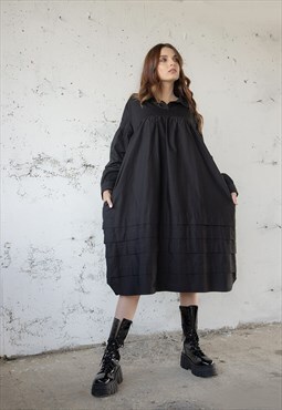 Oversized poplin midi dress with volume sleeves details 