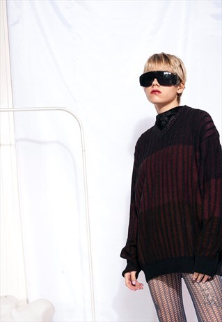 VINTAGE BUGATTI KNIT JUMPER 90S MAROON STRIPED SWEATER