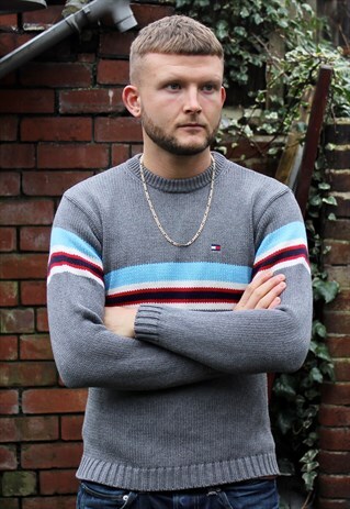 VINTAGE GREY STRIPED TOMMY HILFIGER SWEATER SMALL
