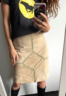 Suede Boho Midi Beige Straight Vintage Cute Skirt M