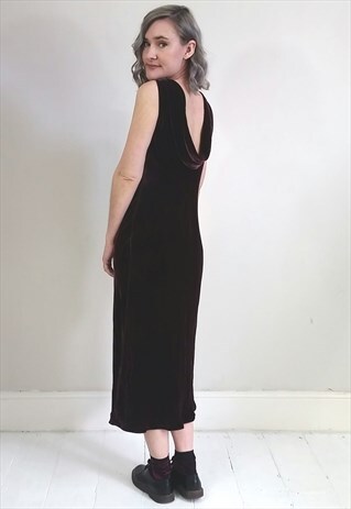 VINTAGE 90'S MAROON SILK BLEND VELVET COWL BACK MIDI DRESS