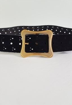 1980s Vintage Black Suede Belt Gold Buckle Black Wide Suede 