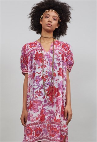 FESTIVAL PINK AND RED VINTAGE 70'S INDIAN BOHO DRESS