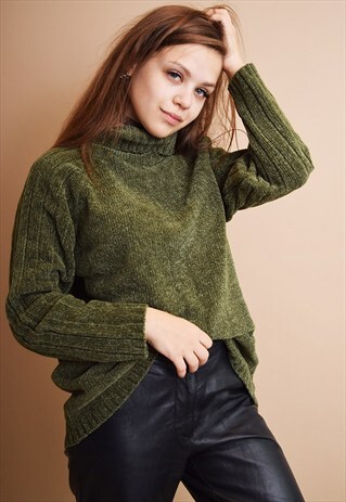90'S NORMCORE ROLL-NECK OVERSIZED OLIVE KNITTED JUMPER TOP