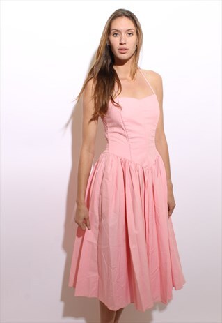 VINTAGE 1980'S 80'S PASTEL PINK HALTER DRESS FULL SKIRT S-M